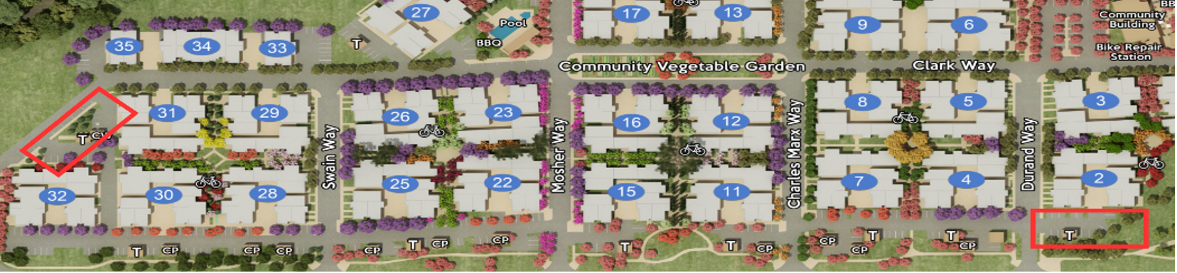 Site map of Stanford West Apartments showing trash enclosures