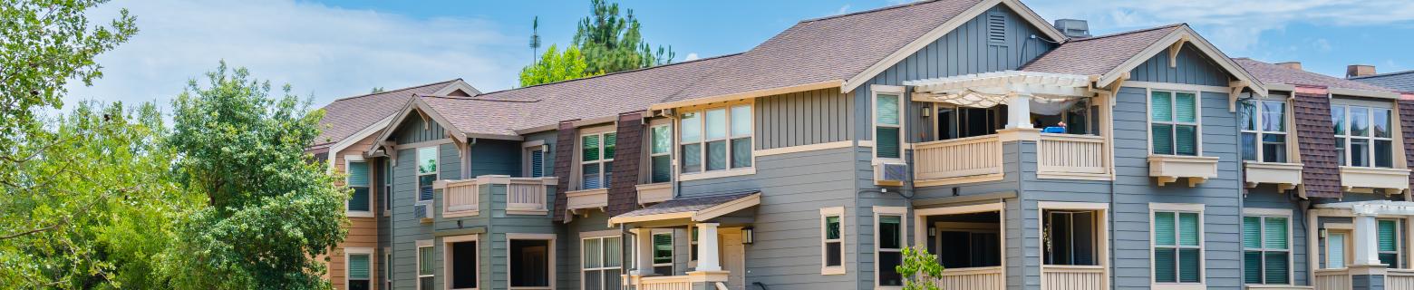 Exterior view of Stanford West Apartments residential building
